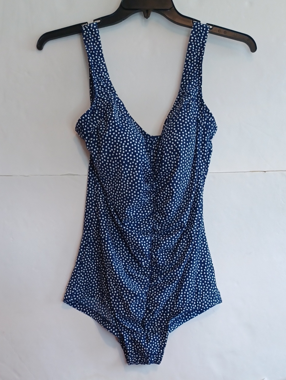 Maxine of Hollywood Navy Blue White Polka Dots. Boy Leg 1 Pc. Suit.  Sz.16. GUC!